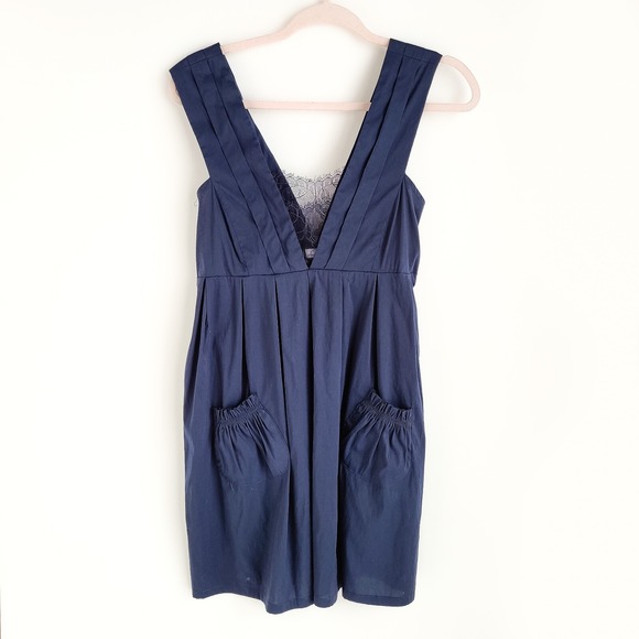 Dresses & Skirts - Debra Rodman Dress Womens 0 Pleated Lace Detail Navy Sleeveless